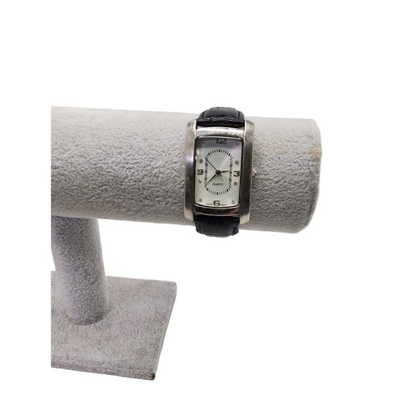 vintage peace mark womens silver tone leather band white face slender watch